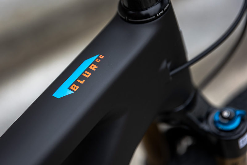 Close-up of a Blur CC mountain bike's head tube badge and cockpit