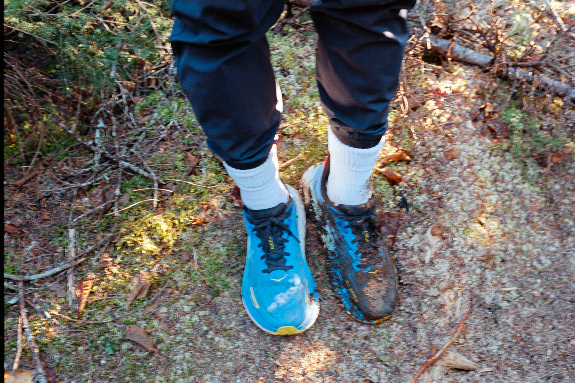 Muddy trail shoes on the move